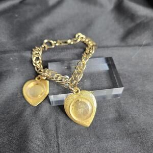 Vintage Gold Tone Charm Bracelet Heart Locket Photo Keepsake Chain Link